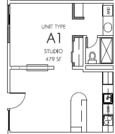 Floor plan for 1 bed, 1 bath, 479 sqft